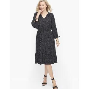 Talbots Dress Black White Dot Midi Dress Smocked Waist 3/4 Sleeve Ruffle Tier M